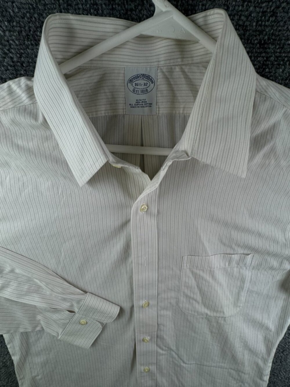 Brooks Brothers 16.5 32 Striped Ivory Gray Slim Fit Point Non Iron Button Up